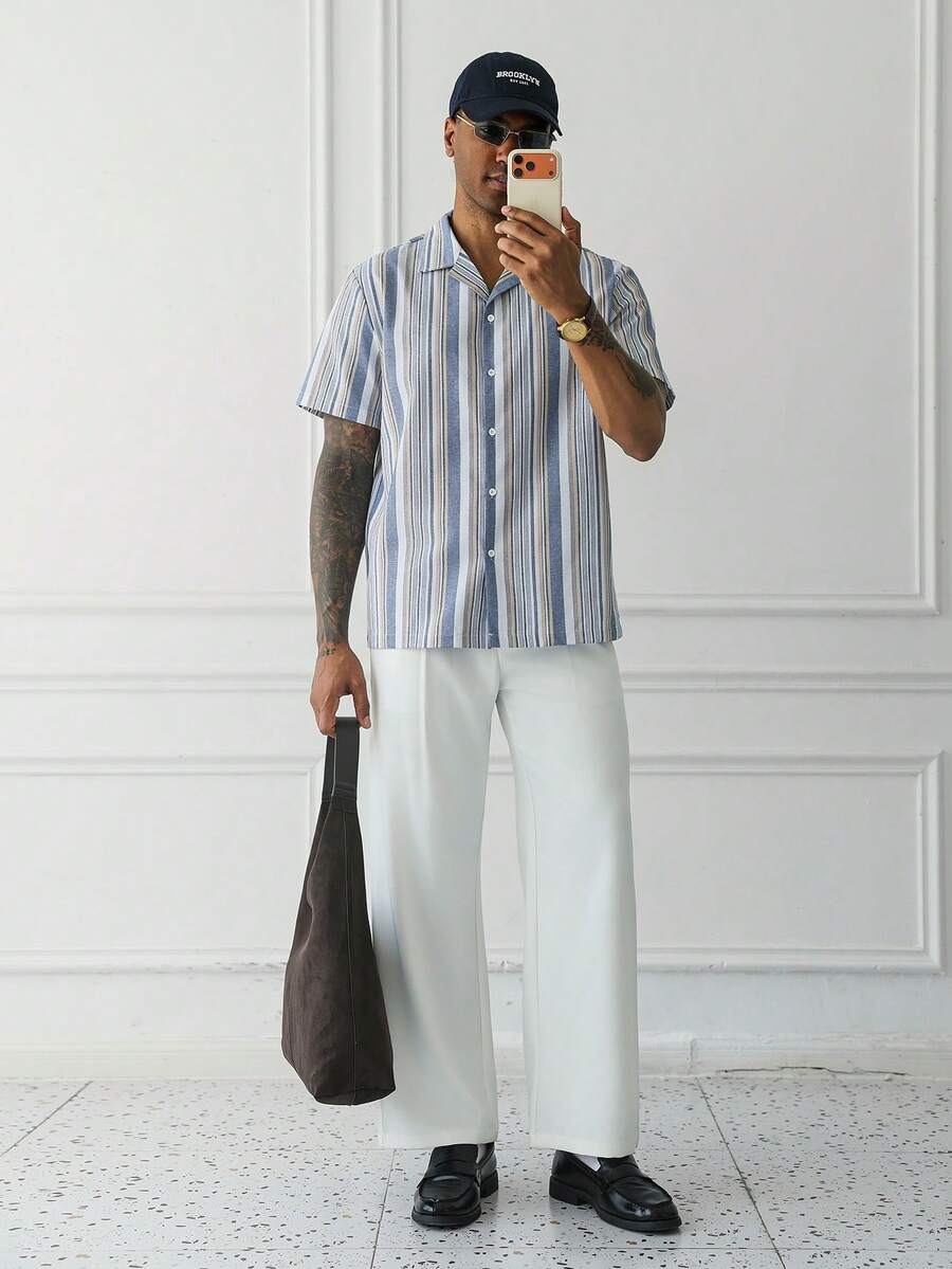 Mens Short Sleeve Button-Down Shirt Polyester Blend Regular Fit – Faldon
