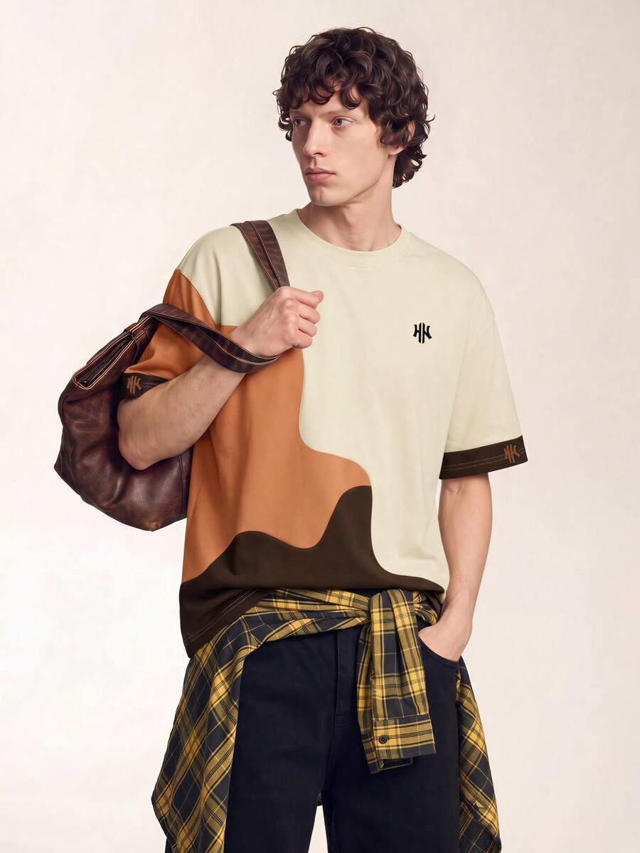 Mens T-Shirt Color Block Drop Shoulder Casual Summer Tee – Valden