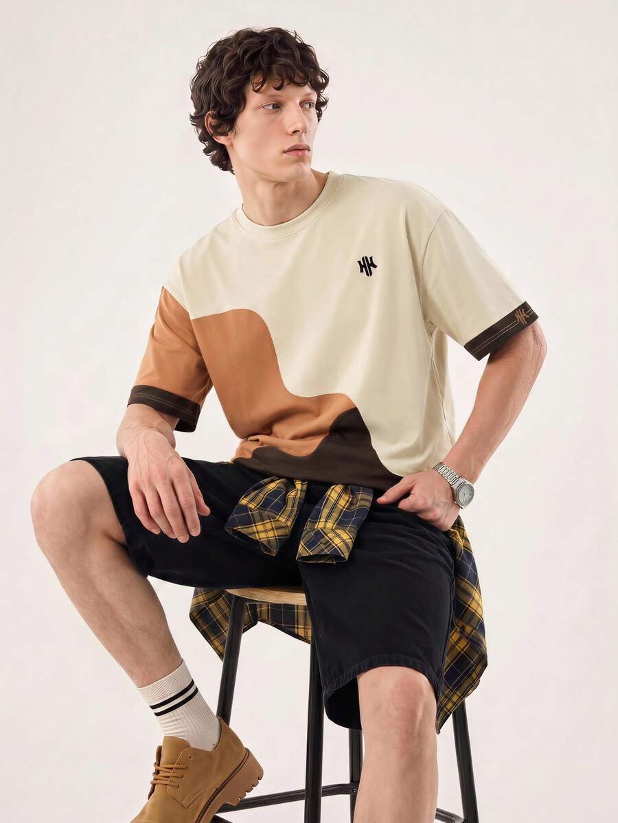 Mens T-Shirt Color Block Drop Shoulder Casual Summer Tee – Valden