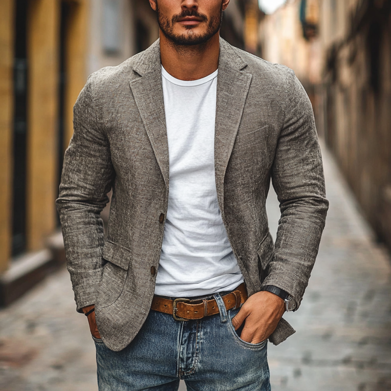 Single-Breasted Cotton Linen Blazer Slim Fit Notch Lapel – Vesro