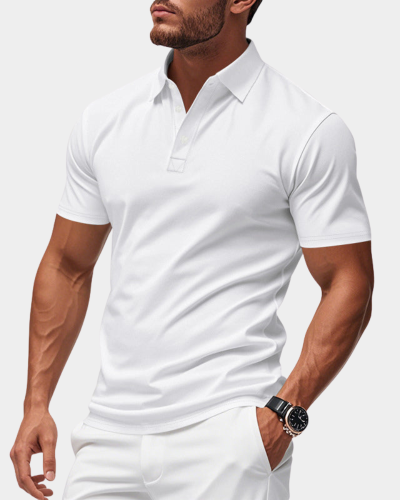Model wearing classic polo shirt in Black – TARLANO