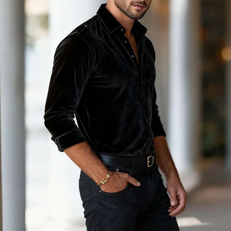 Velvet Button-Up Shirt Tailored Silhouette Smooth Lining – Vallo