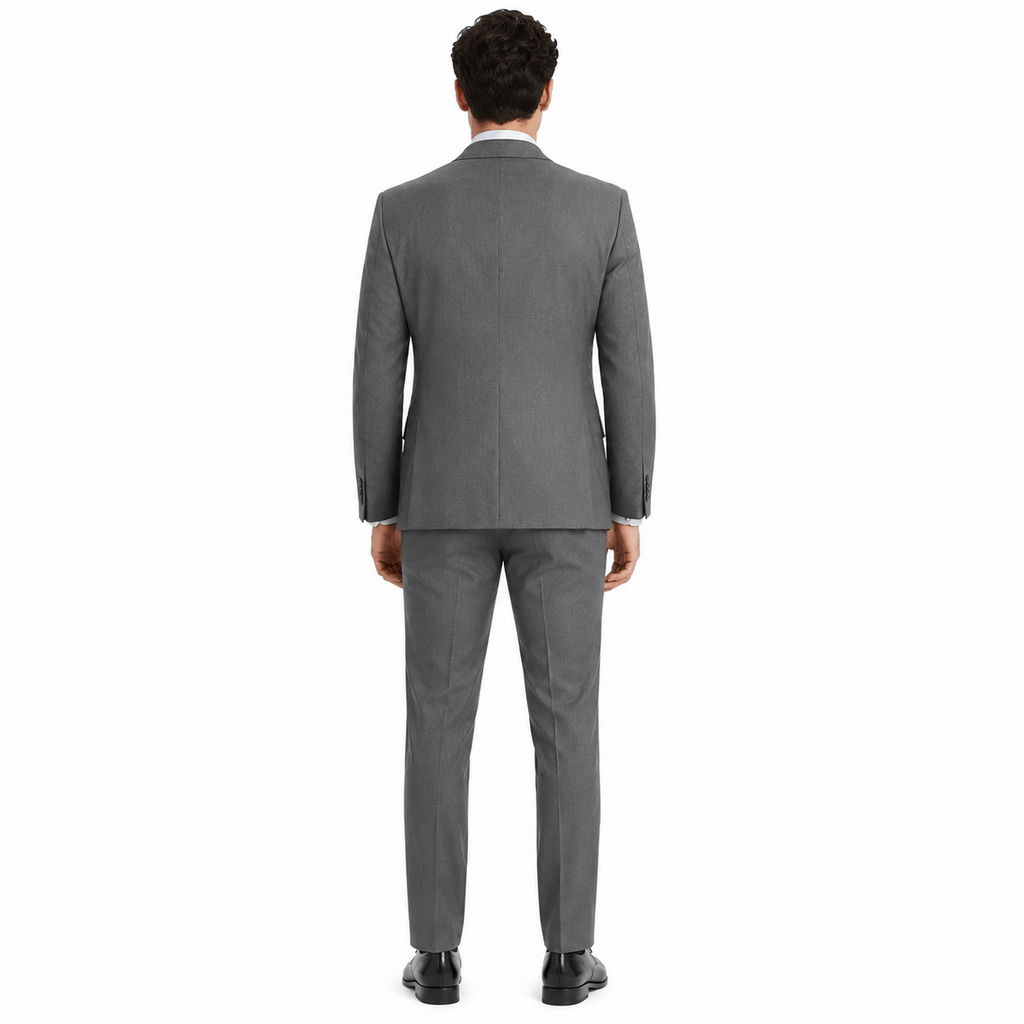 Model wearing gray notch lapel three-piece suit – TARLANO