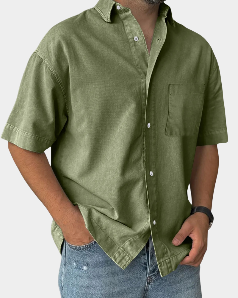 Short Sleeve Button-Up Leisure Shirt in Army Green – Cord