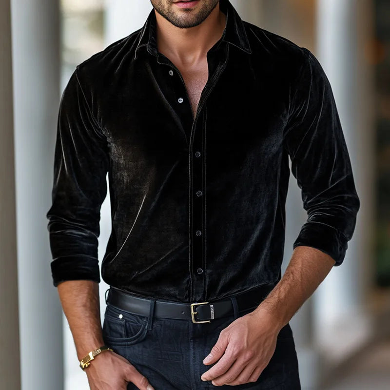Velvet Button-Up Shirt Tailored Silhouette Smooth Lining – Vallo