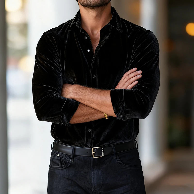 Velvet Button-Up Shirt Tailored Silhouette Smooth Lining – Vallo
