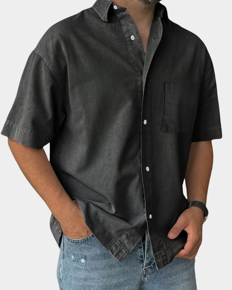 Short Sleeve Button-Up Leisure Shirt in Army Green – Cord
