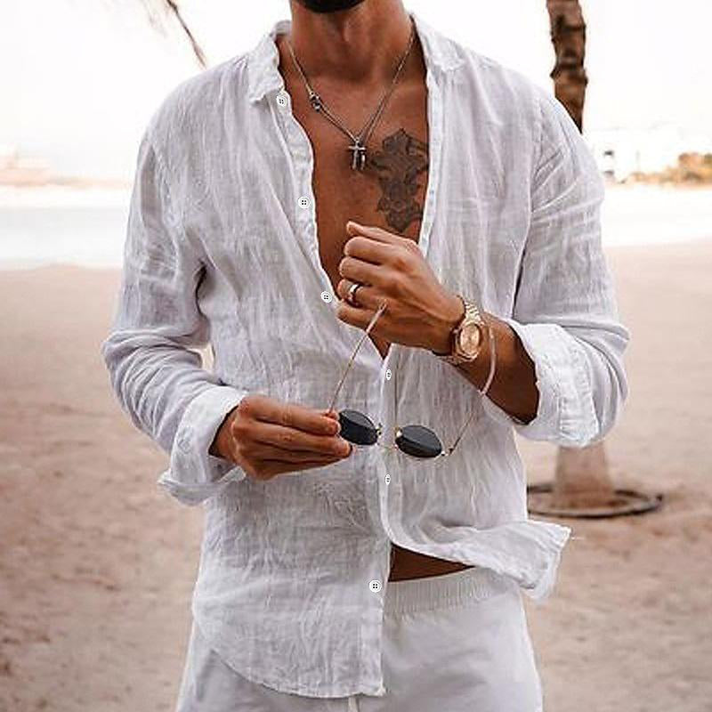Model wearing long sleeve button front shirt in light beige – TARLANO
