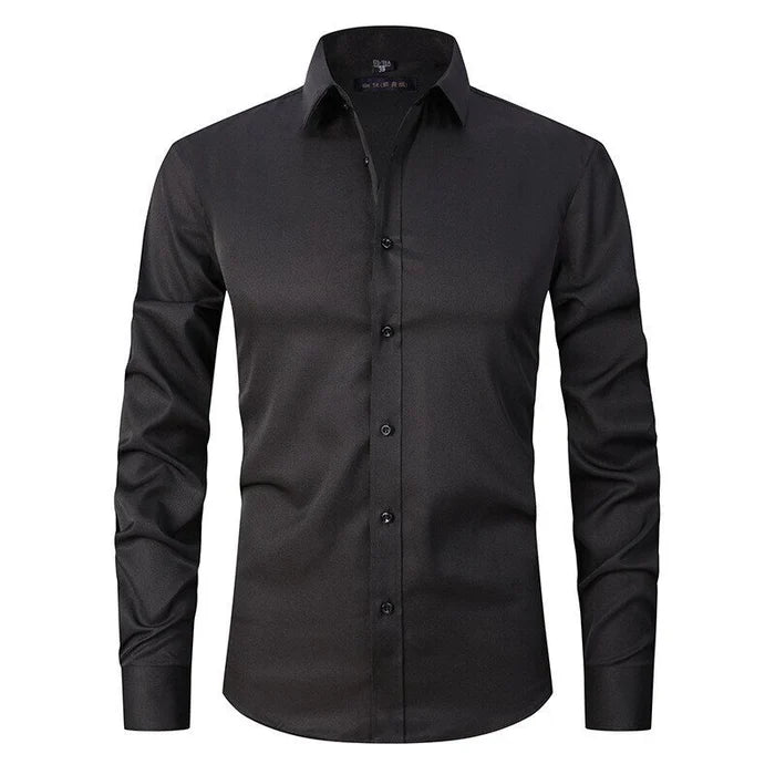 Model wearing slim fit stretch dress shirt in White – TARLANO