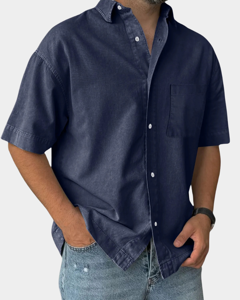 Short Sleeve Button-Up Leisure Shirt in Army Green – Cord