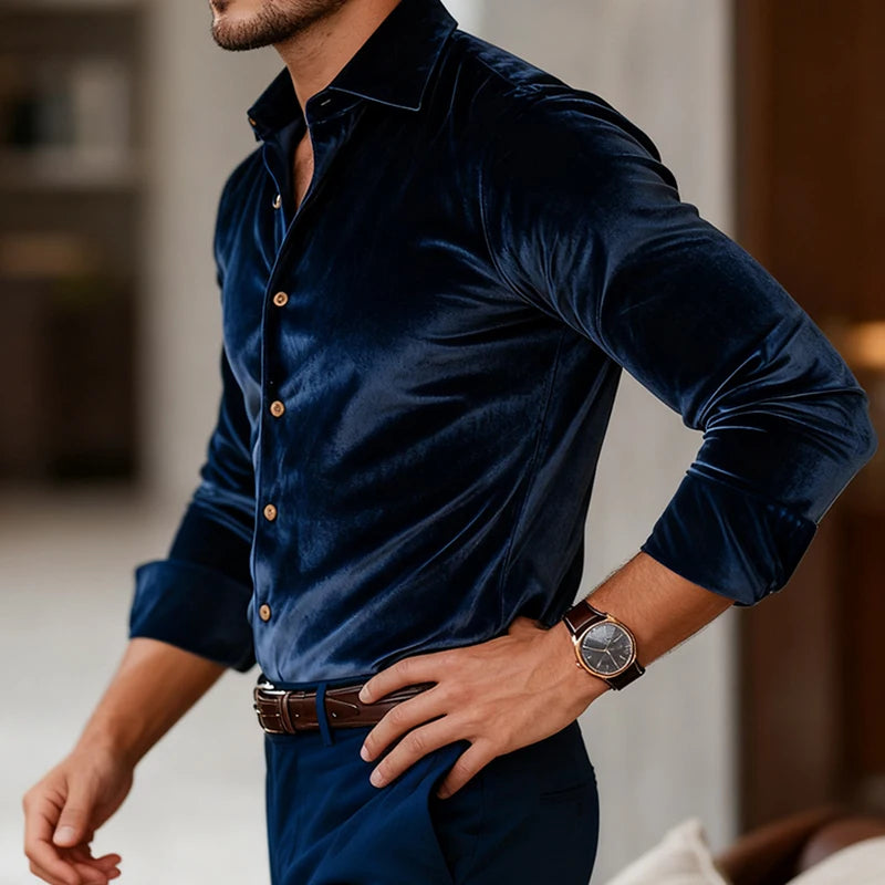 Velvet Button-Up Shirt Tailored Silhouette Smooth Lining – Vallo