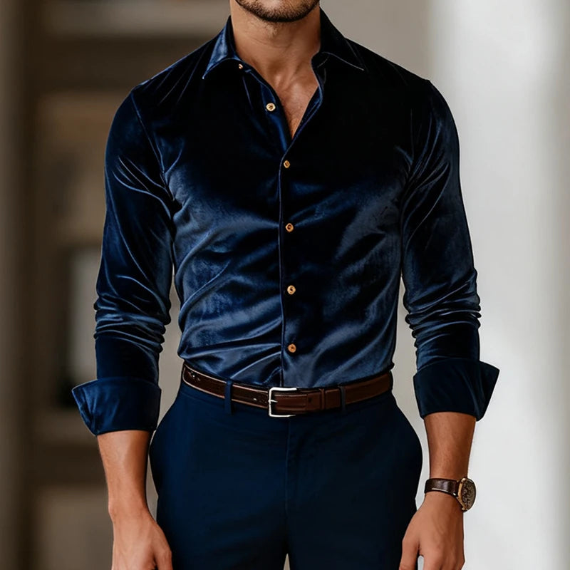 Velvet Button-Up Shirt Tailored Silhouette Smooth Lining – Vallo