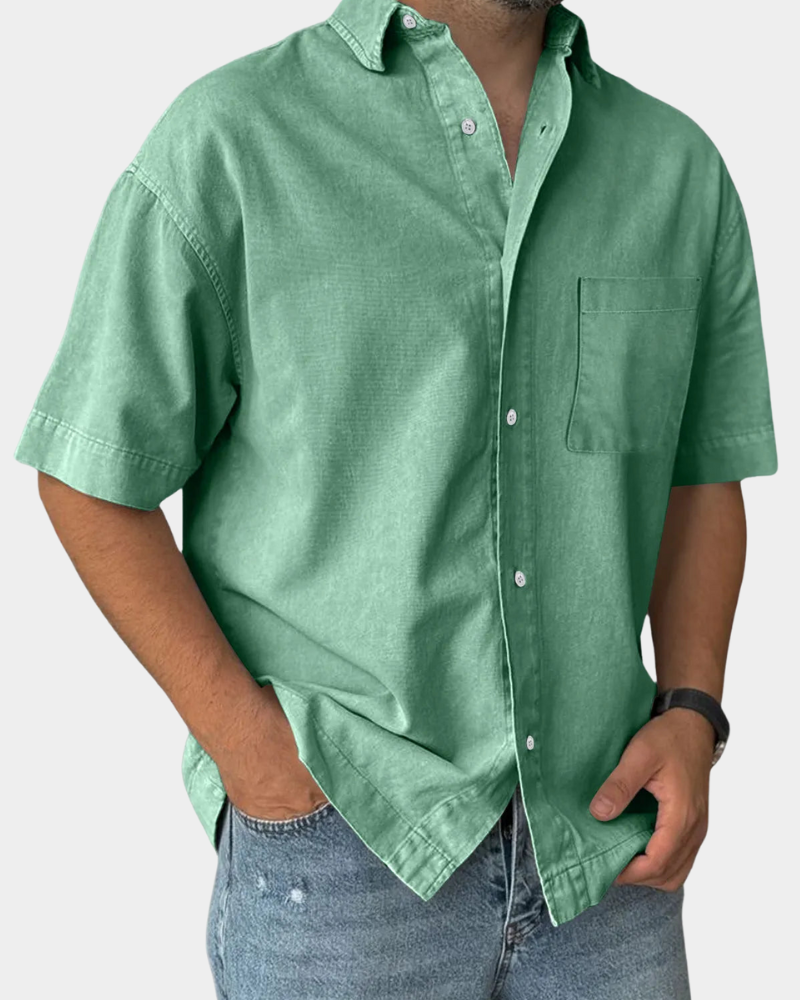 Short Sleeve Button-Up Leisure Shirt in Army Green – Cord
