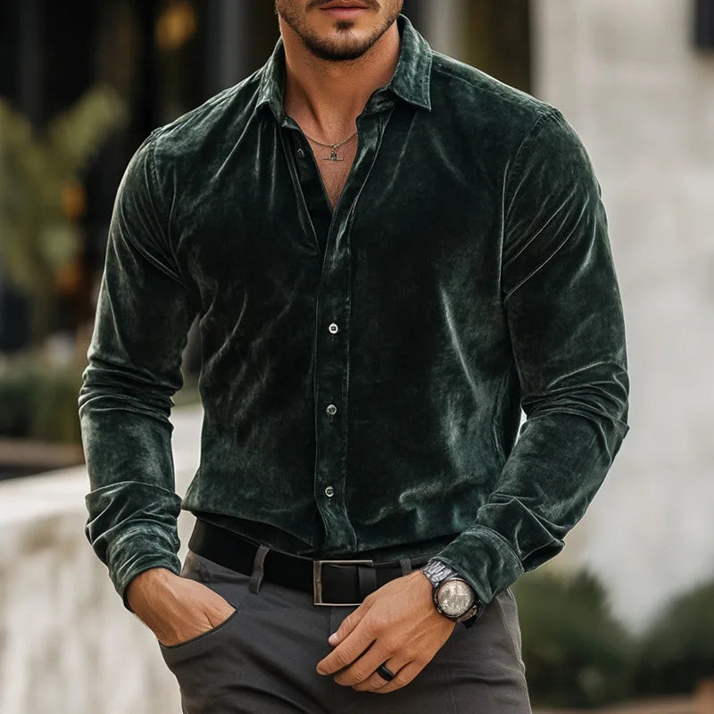 Velvet Button-Up Shirt Tailored Silhouette Smooth Lining – Vallo