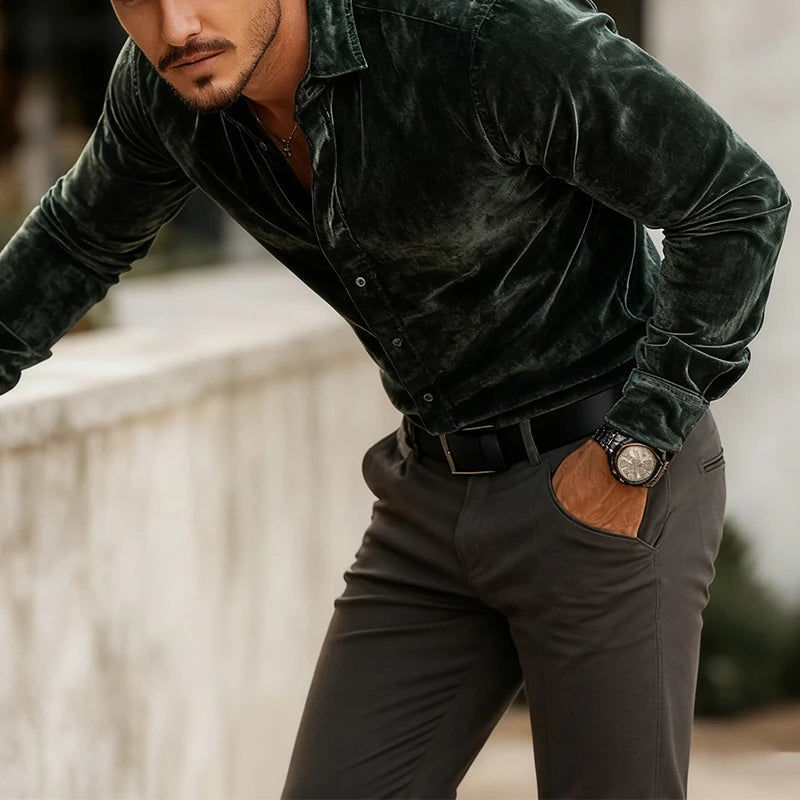 Velvet Button-Up Shirt Tailored Silhouette Smooth Lining – Vallo