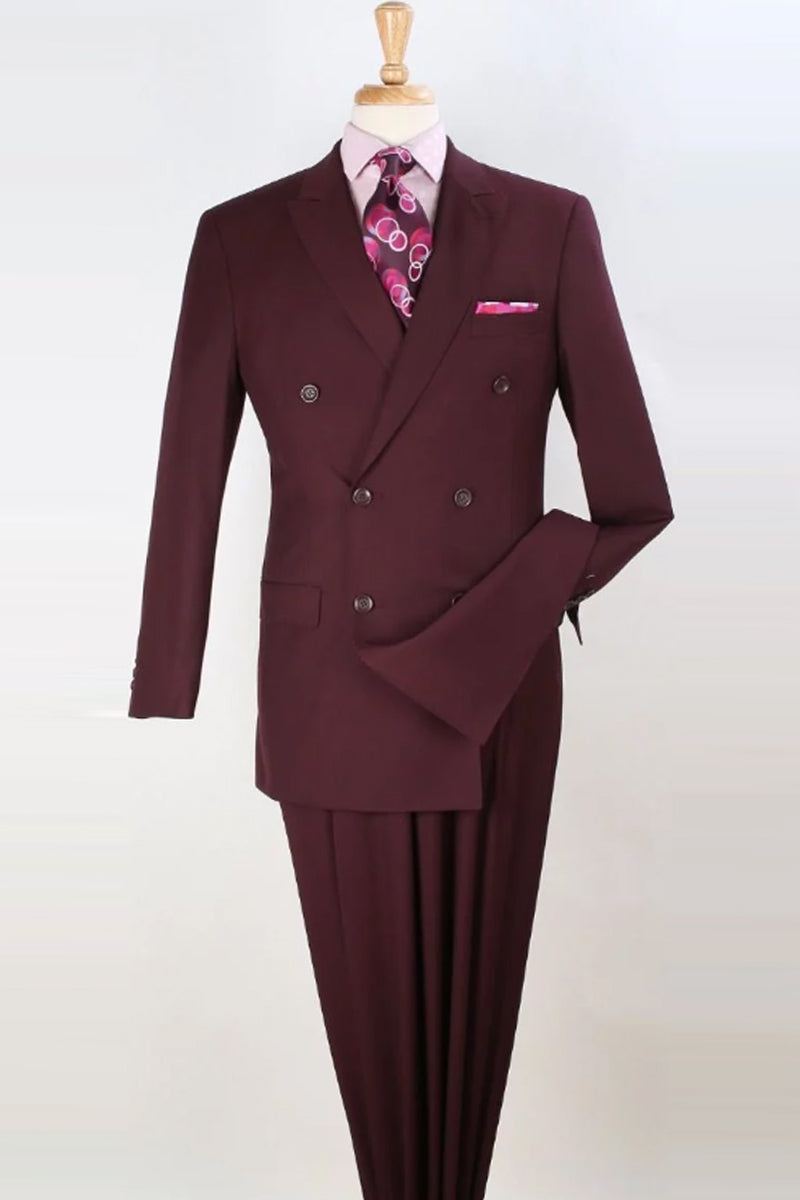 Double Breasted Suit Wool-Feel Peak Lapel 6-Button Burgundy – Ranso