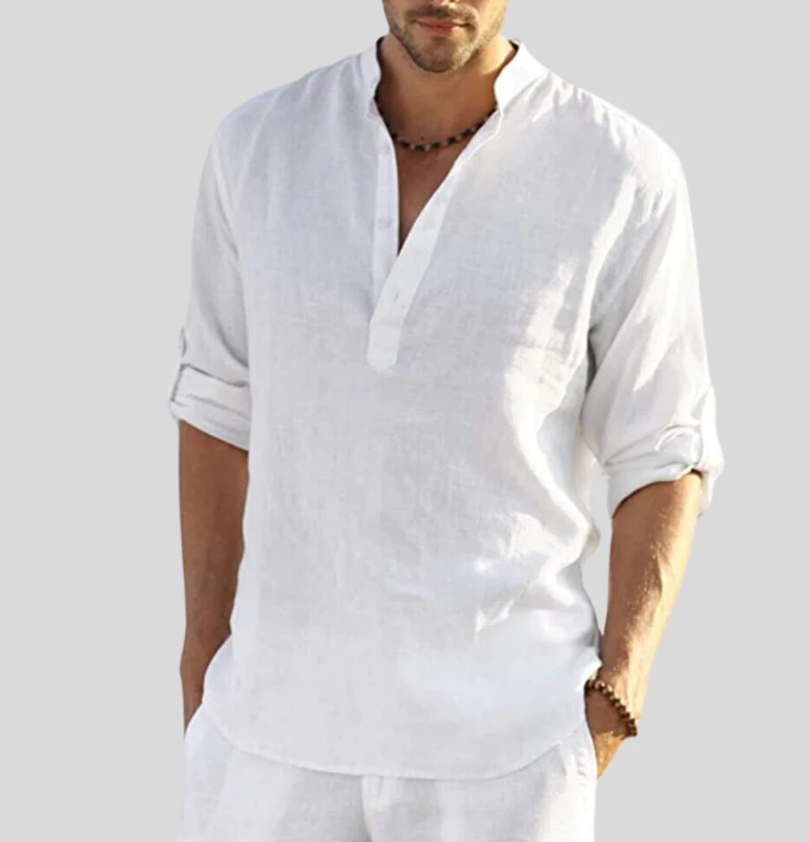 Band collar long sleeve shirt in White detail view – TARLANO