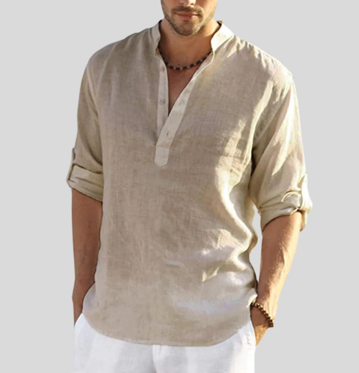Model wearing band collar long sleeve shirt in White – TARLANO