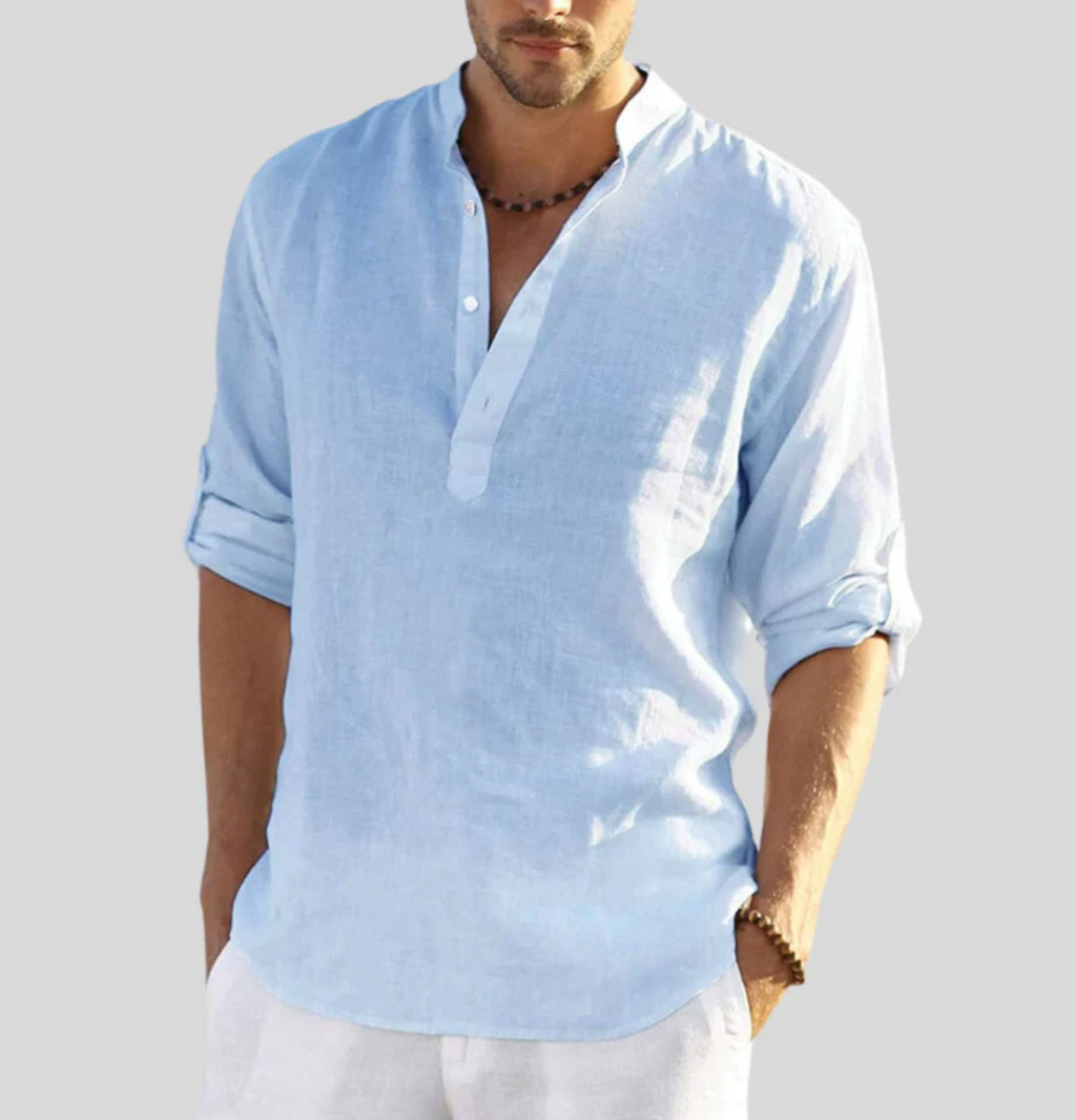 Band Collar Long Sleeve Shirt Relaxed Fit in White – Reef