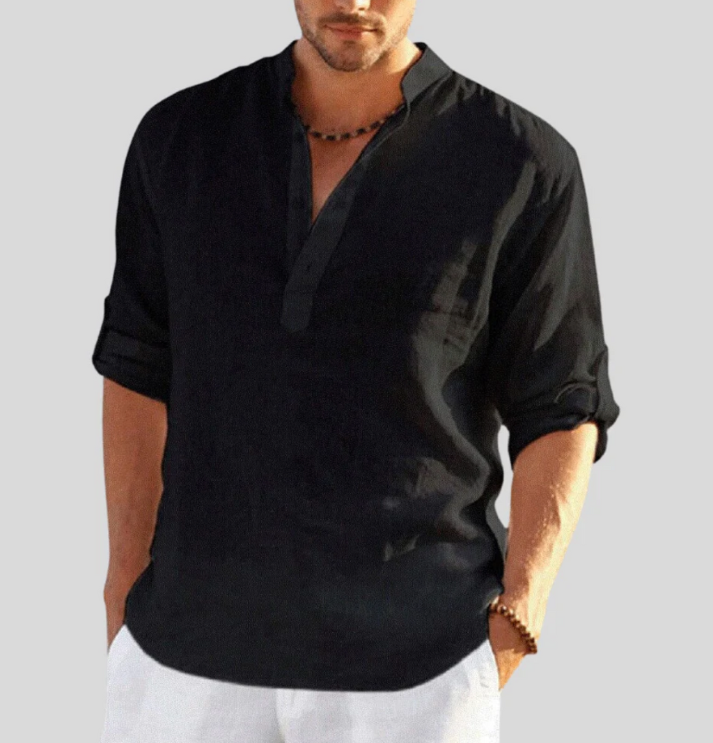 Band Collar Long Sleeve Shirt Relaxed Fit in White – Reef