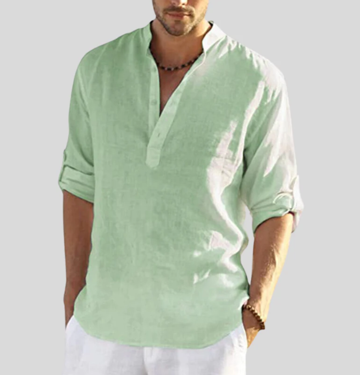 Band Collar Long Sleeve Shirt Relaxed Fit in White – Reef