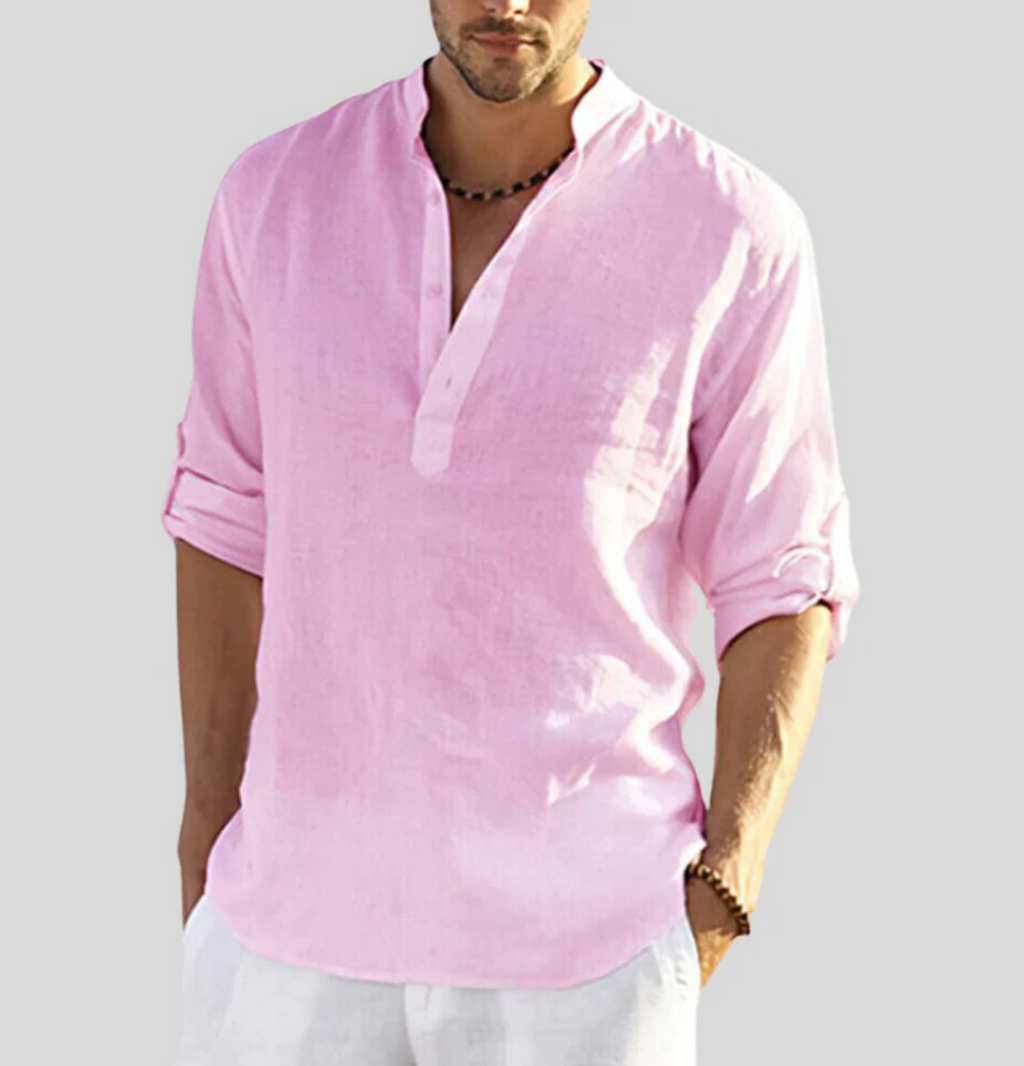 Band Collar Long Sleeve Shirt Relaxed Fit in White – Reef