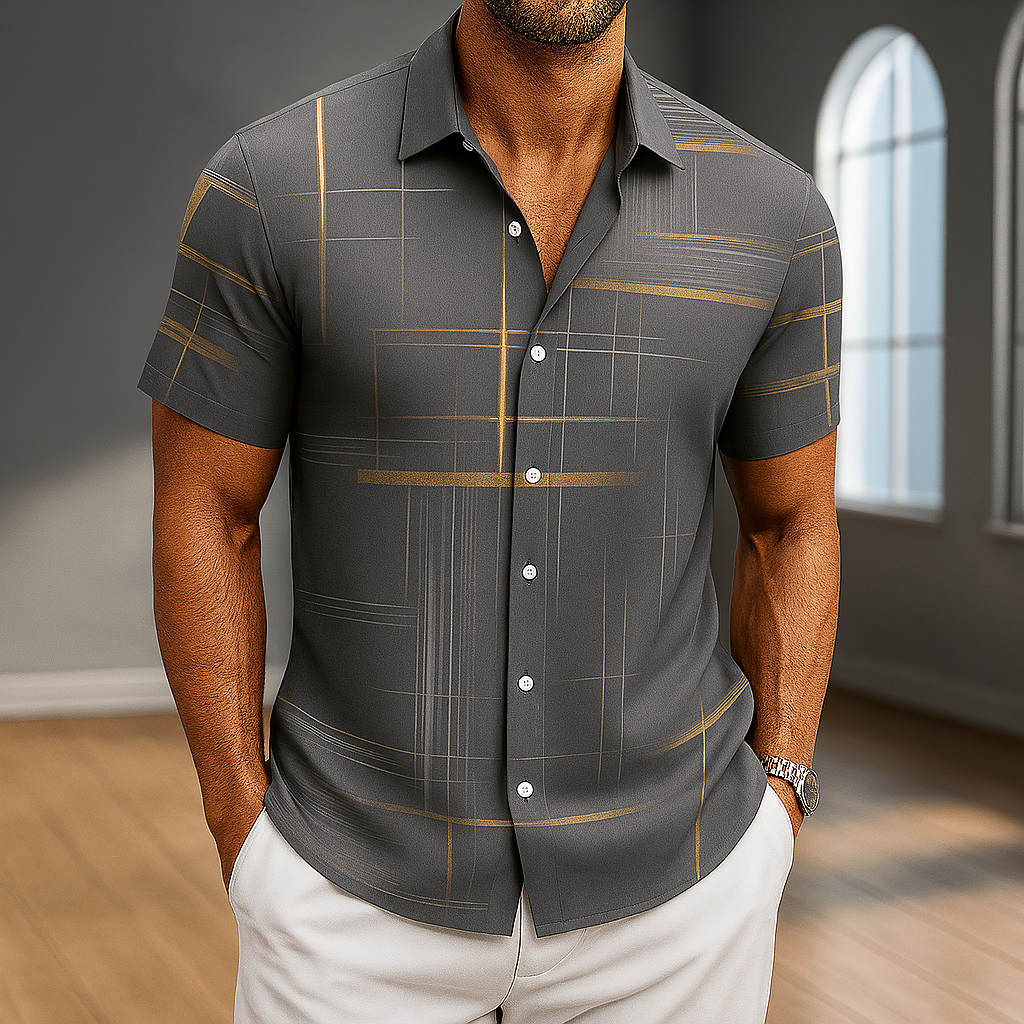 Silk Blend Button-Up Shirt Grid Pattern Long Sleeve in Black – Knox