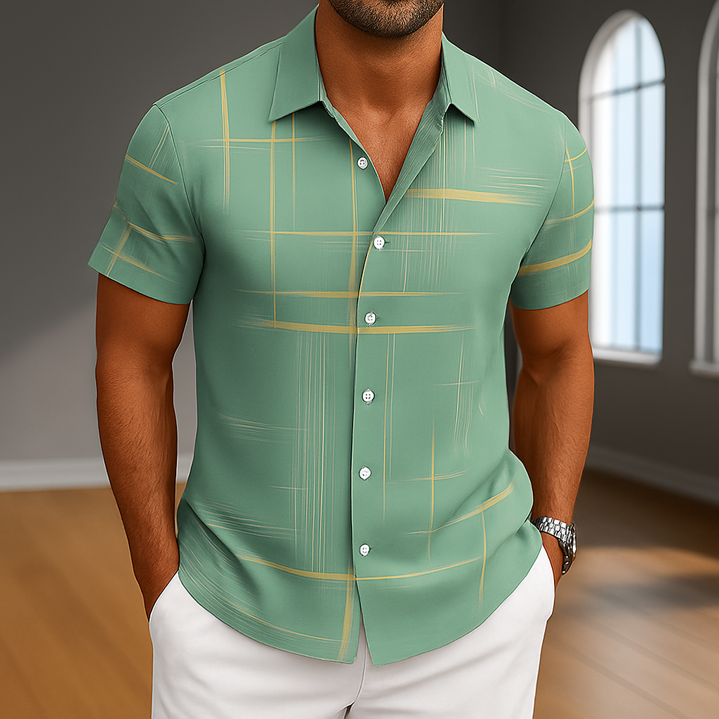 Silk Blend Button-Up Shirt Grid Pattern Long Sleeve in Black – Knox