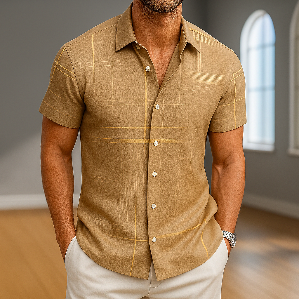 Silk Blend Button-Up Shirt Grid Pattern Long Sleeve in Black – Knox