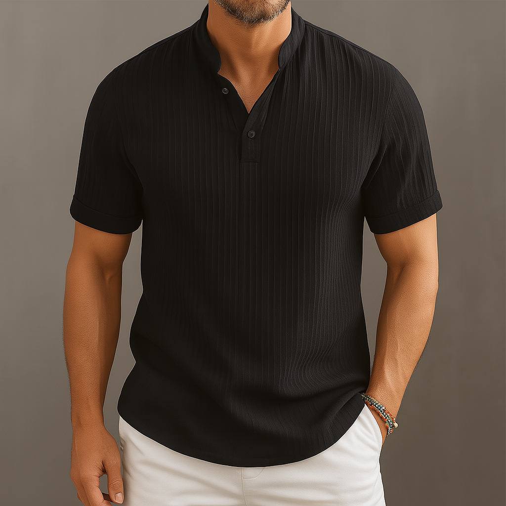 Model wearing linen popover band collar shirt in Black – TARLANO