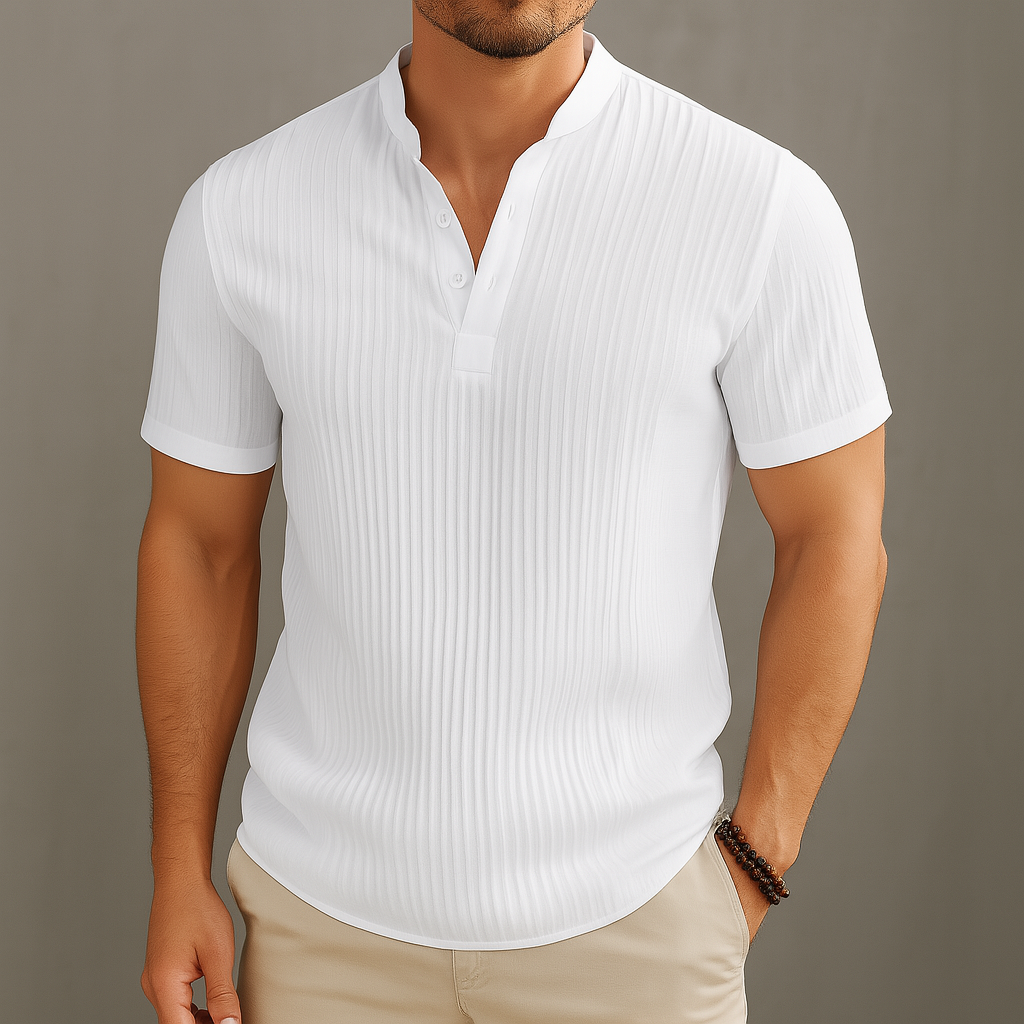 Linen Popover Band Collar Short Sleeve Shirt in Black – Tate