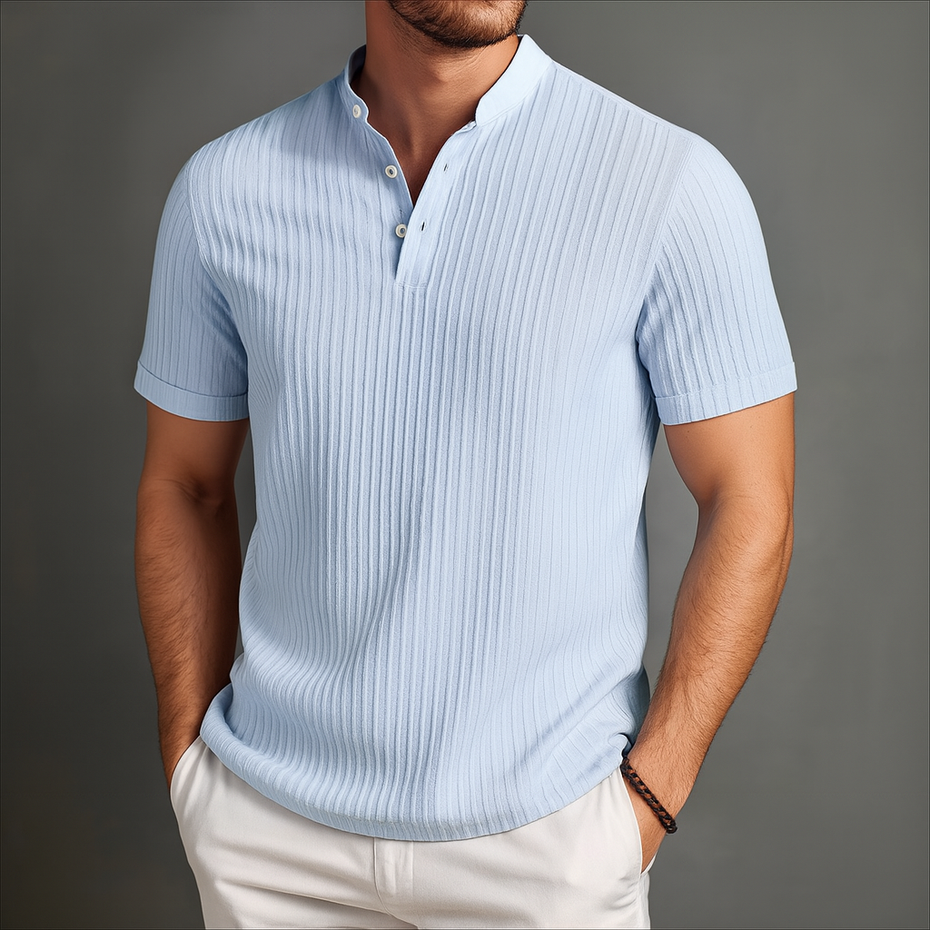 Linen Popover Band Collar Short Sleeve Shirt in Black – Tate
