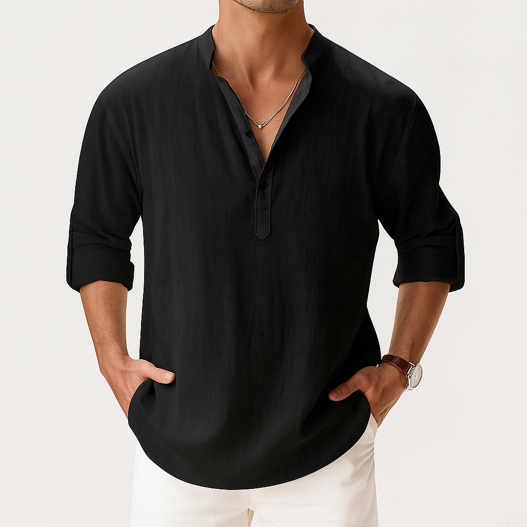 Model wearing linen popover shirt in White – TARLANO