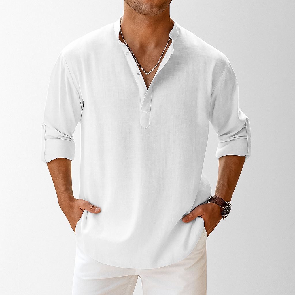 Linen Popover Short Sleeve Shirt in White – Brix