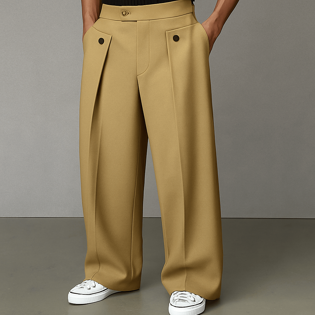 Model wearing wide-leg pleated pant in khaki – TARLANO