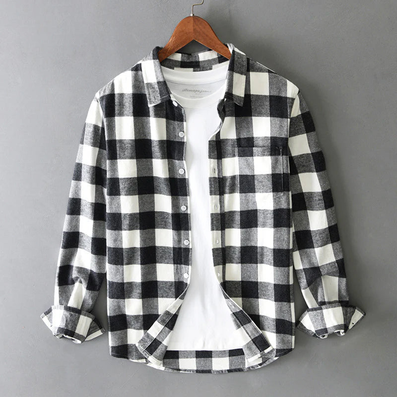 Brushed Cotton Check Shirt Button-Down Curved Hem – Wick