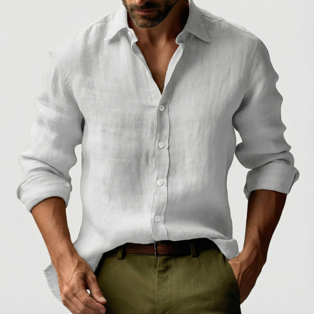 Linen-Look Vintage Button-Up Shirt Long Sleeve Relaxed Fit – Vale