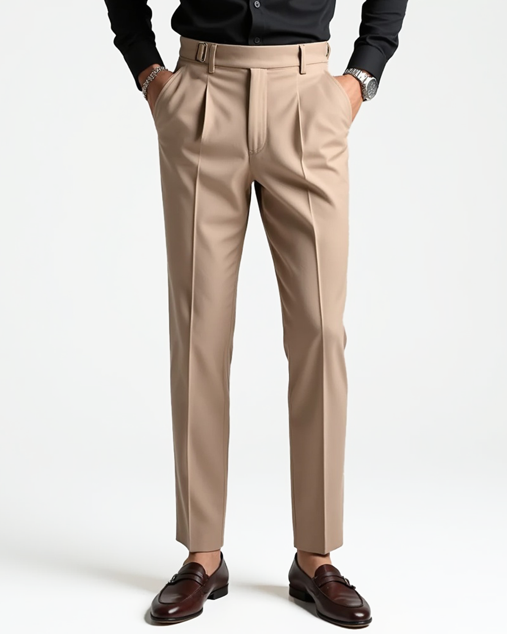 Pleated Front Dress Trousers Slim Tailored Fit Belt Loops – Pren