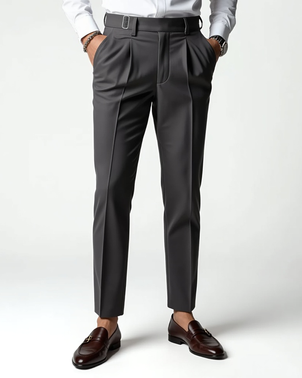 Pleated Front Dress Trousers Slim Tailored Fit Belt Loops – Pren