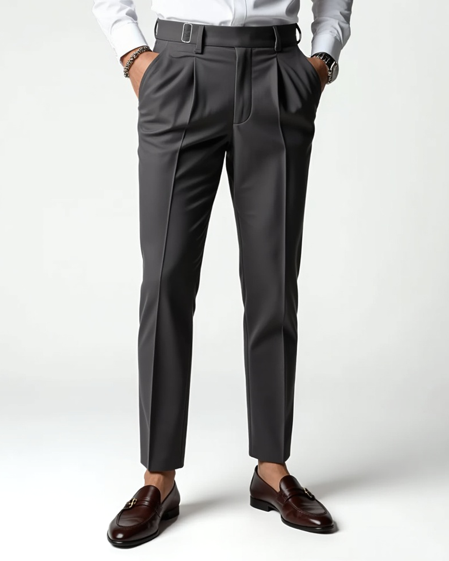 Pleated Front Dress Trousers Slim Tailored Fit Belt Loops – Pren