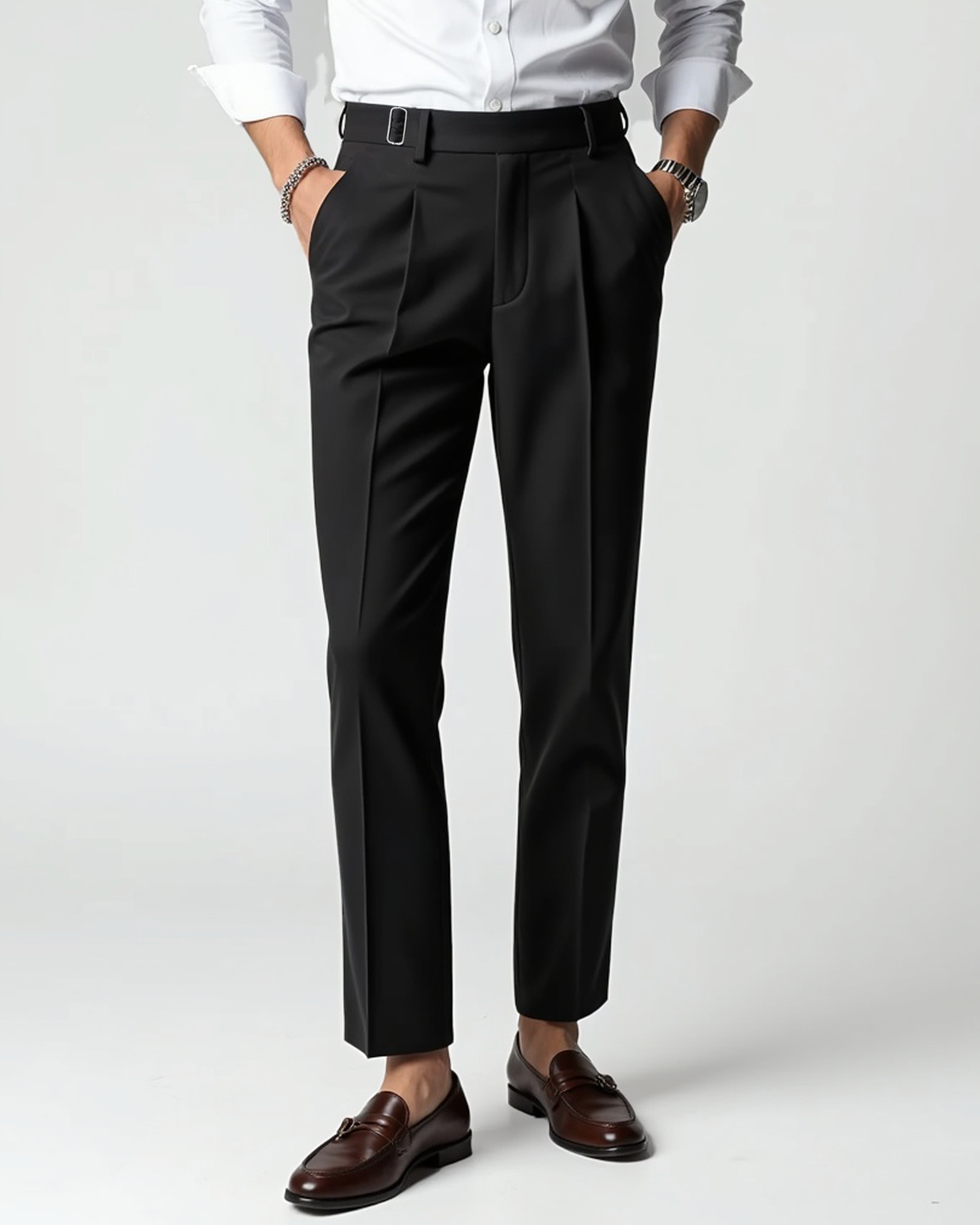Pleated Front Dress Trousers Slim Tailored Fit Belt Loops – Pren