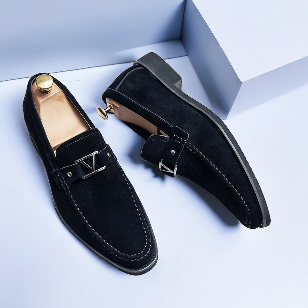 Close-up of black suede slip-on loafer round toe – TARLANO