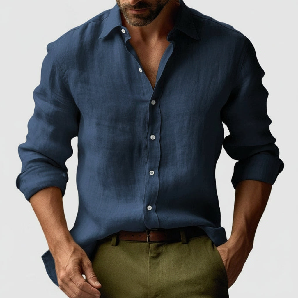 Linen-Look Vintage Button-Up Shirt Long Sleeve Relaxed Fit – Vale