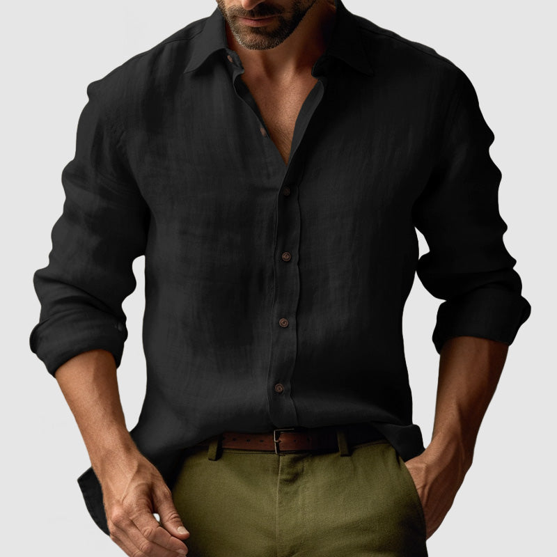 Linen-Look Vintage Button-Up Shirt Long Sleeve Relaxed Fit – Vale