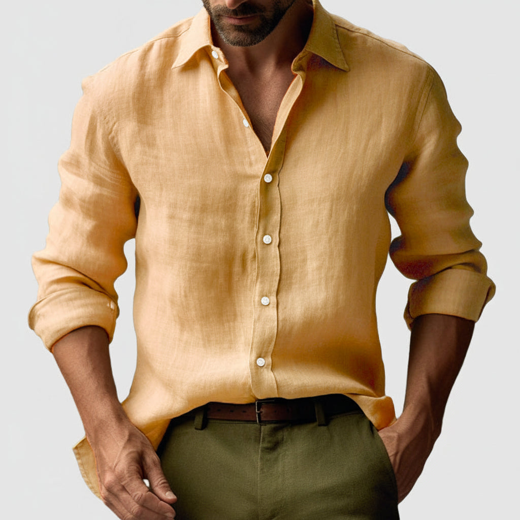 Linen-Look Vintage Button-Up Shirt Long Sleeve Relaxed Fit – Vale