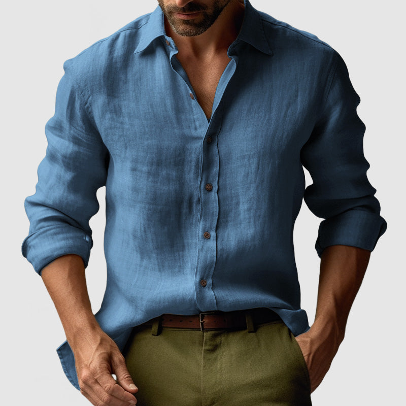 Linen-Look Vintage Button-Up Shirt Long Sleeve Relaxed Fit – Vale