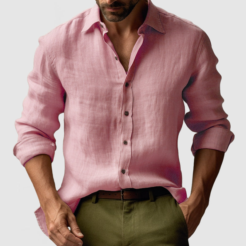 Linen-Look Vintage Button-Up Shirt Long Sleeve Relaxed Fit – Vale