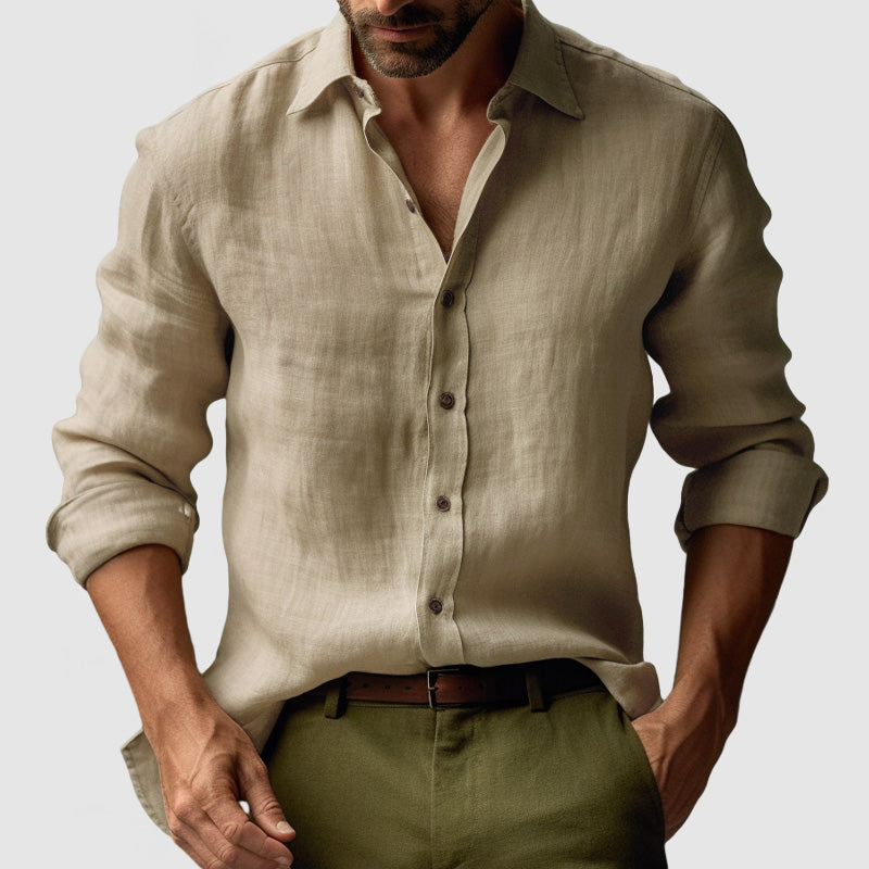 Linen-Look Vintage Button-Up Shirt Long Sleeve Relaxed Fit – Vale