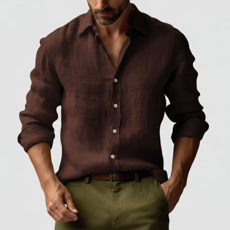 Linen-Look Vintage Button-Up Shirt Long Sleeve Relaxed Fit – Vale