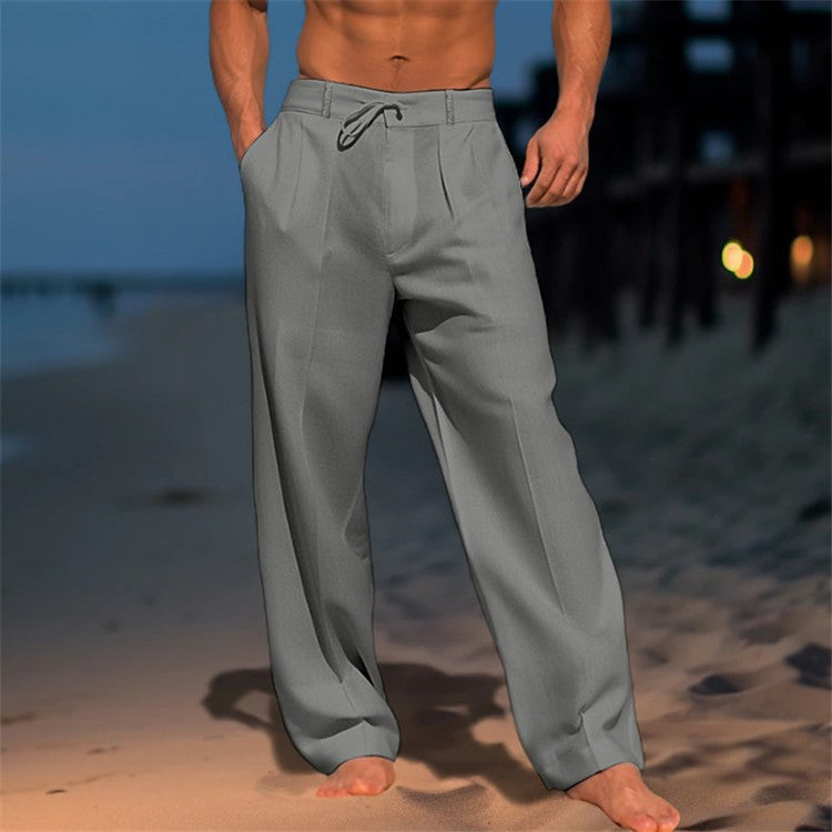 Model wearing relaxed drawstring beach pants in Beige – TARLANO